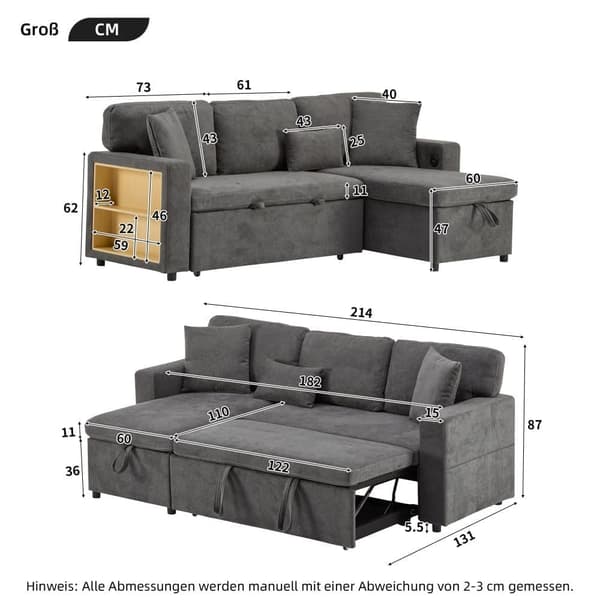 Soffa 215x133x85 cm - med USB-anslutning - med förvaringsutrymme - med sängfunktion - grå