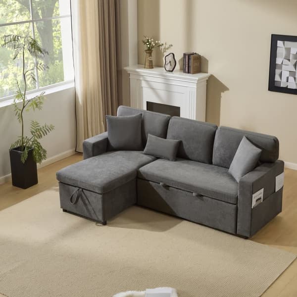 Soffa 215x133x85 cm - med USB-anslutning - med förvaringsutrymme - med sängfunktion - grå