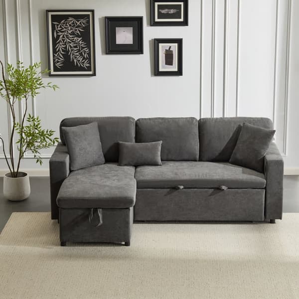 Soffa 215x133x85 cm - med USB-anslutning - med förvaringsutrymme - med sängfunktion - grå