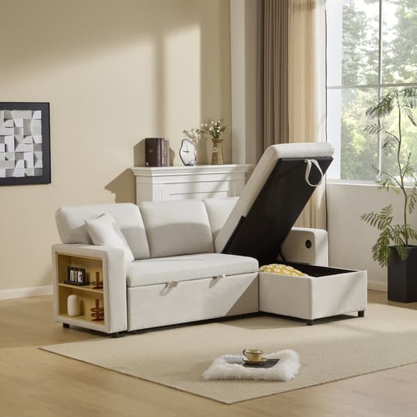 Soffa 215x133x85 cm - med USB-anslutning - med förvaringsutrymme - med sängfunktion - vit