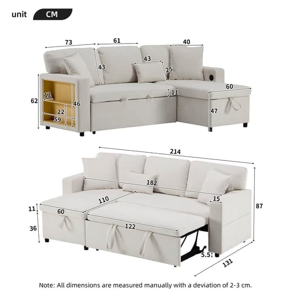 Soffa 215x133x85 cm - med USB-anslutning - med förvaringsutrymme - med sängfunktion - vit