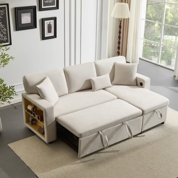 Soffa 215x133x85 cm - med USB-anslutning - med förvaringsutrymme - med sängfunktion - vit