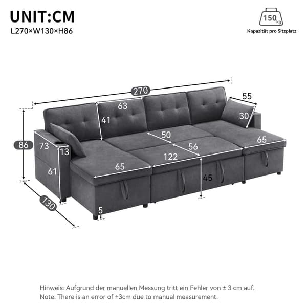 U-formet sofa 270x130x86 cm - Polstret sofa - Bomulds- og hørstof - Med kopholder - To opbevaringsrum - Grå