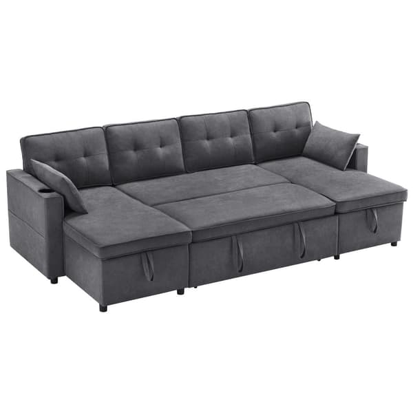 U-formet sofa 270x130x86 cm - Polstret sofa - Bomulds- og hørstof - Med kopholder - To opbevaringsrum - Grå