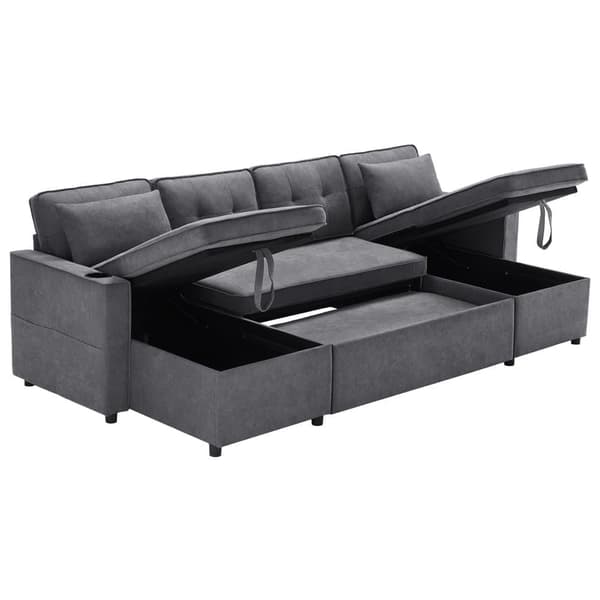 U-formet sofa 270x130x86 cm - Polstret sofa - Bomulds- og hørstof - Med kopholder - To opbevaringsrum - Grå