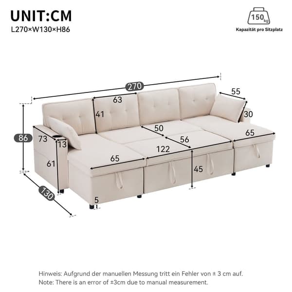 U-formad soffa 270x130x86 cm - Stoppad soffa - Bomulls- och linnetyg - Med mugghållare - Två förvaringsfack - beige