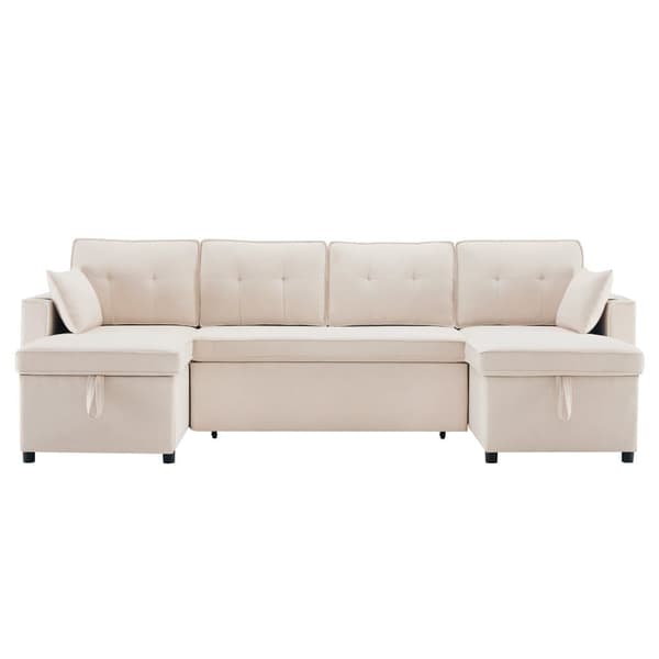 U-formad soffa 270x130x86 cm - Stoppad soffa - Bomulls- och linnetyg - Med mugghållare - Två förvaringsfack - beige