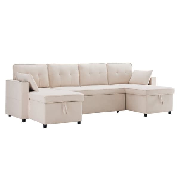 U-formad soffa 270x130x86 cm - Stoppad soffa - Bomulls- och linnetyg - Med mugghållare - Två förvaringsfack - beige
