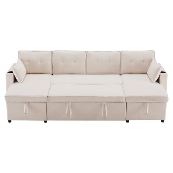 U-formad soffa 270x130x86 cm - Stoppad soffa - Bomulls- och linnetyg - Med mugghållare - Två förvaringsfack - beige