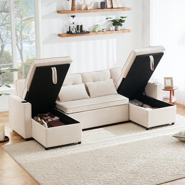 U-formad soffa 270x130x86 cm - Stoppad soffa - Bomulls- och linnetyg - Med mugghållare - Två förvaringsfack - beige