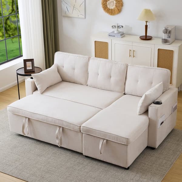 3-personers sovesofa - lavet af bomuld - med bryst og kopholder - beige
