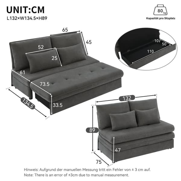 Moderne sofa - Polstret sofa - Sammenklappelig sovesofa - Velour Stof - Glidende opbevaring - Grå