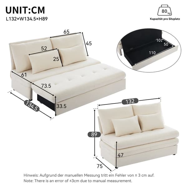 Moderne sofa - polstret sofa - sammenklappelig sovesofa - fløjlsstof - glidende opbevaring - beige