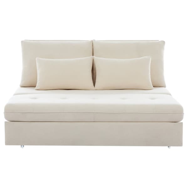 Moderne sofa - polstret sofa - sammenklappelig sovesofa - fløjlsstof - glidende opbevaring - beige