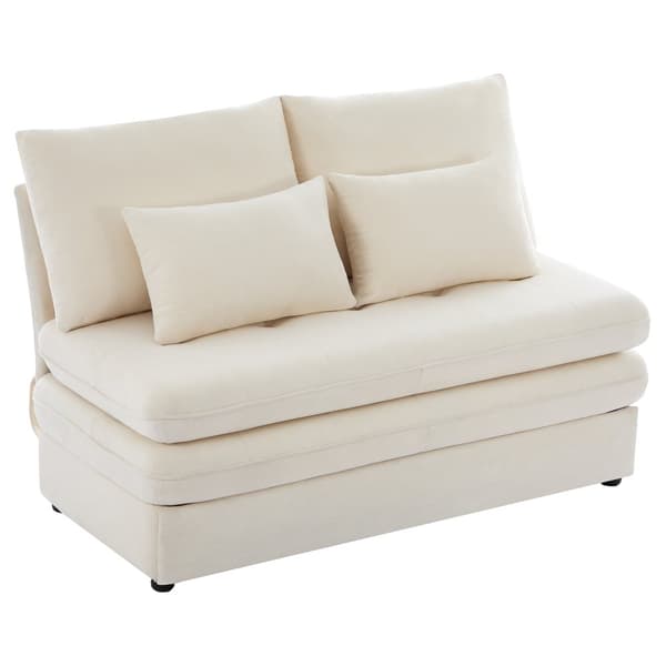 Moderne sofa - polstret sofa - sammenklappelig sovesofa - fløjlsstof - glidende opbevaring - beige