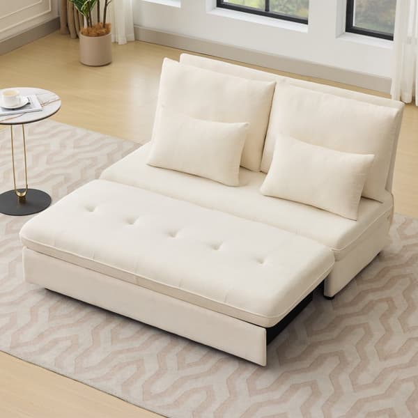 Moderne sofa - polstret sofa - sammenklappelig sovesofa - fløjlsstof - glidende opbevaring - beige