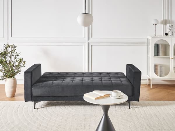 Sovesofa Svart Fløyel Tufted Stoff Moderne Stue Modulær 3 Seter Svart Ben Spor Arm