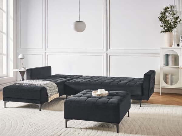Høyre Hjørnesofa Svart Fløyel Tufted Stoff Moderne L-formet Modulær 4 Seter med Ottoman Sjeselongue