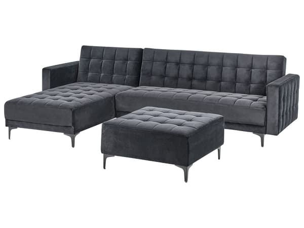 Høyre Hjørnesofa Svart Fløyel Tufted Stoff Moderne L-formet Modulær 4 Seter med Ottoman Sjeselongue