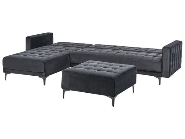 Høyre Hjørnesofa Svart Fløyel Tufted Stoff Moderne L-formet Modulær 4 Seter med Ottoman Sjeselongue