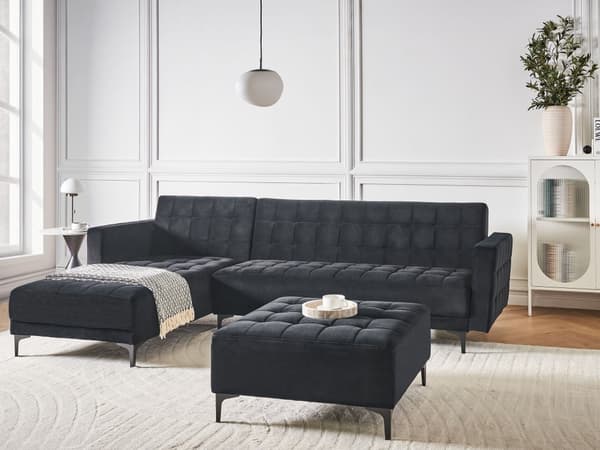 Høyre Hjørnesofa Svart Fløyel Tufted Stoff Moderne L-formet Modulær 4 Seter med Ottoman Sjeselongue