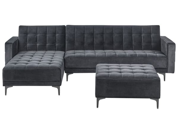 Høyre Hjørnesofa Svart Fløyel Tufted Stoff Moderne L-formet Modulær 4 Seter med Ottoman Sjeselongue