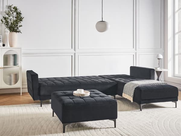 Venstre Hjørnesofa Svart Fløyel Tufted Stoff Moderne L-formet Modulær 4 Seter med Ottoman Sjeselongue