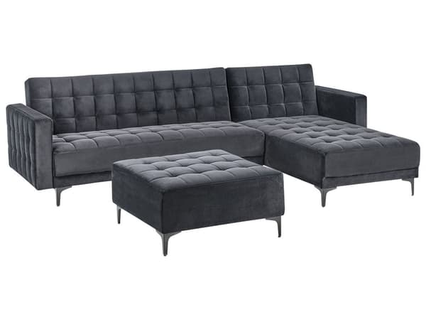 Venstre Hjørnesofa Svart Fløyel Tufted Stoff Moderne L-formet Modulær 4 Seter med Ottoman Sjeselongue