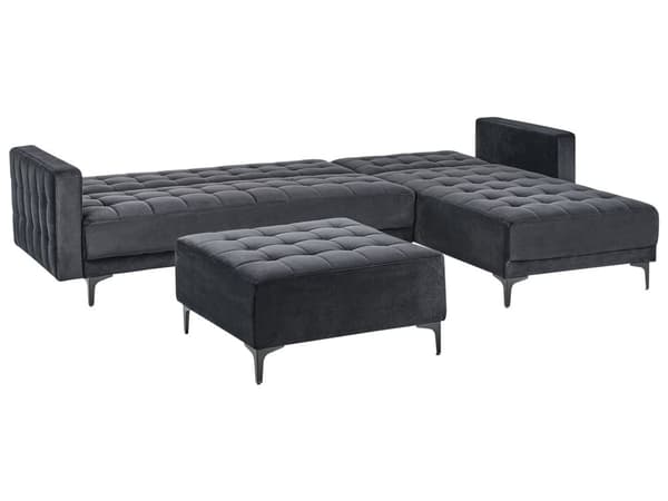 Venstre Hjørnesofa Svart Fløyel Tufted Stoff Moderne L-formet Modulær 4 Seter med Ottoman Sjeselongue