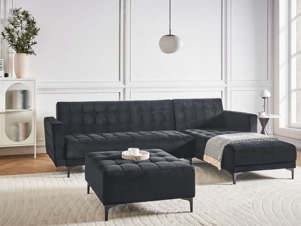 Venstre Hjørnesofa Svart Fløyel Tufted Stoff Moderne L-formet Modulær 4 Seter med Ottoman Sjeselongue