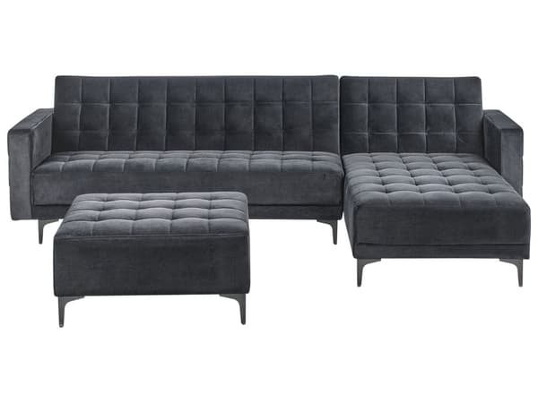 Venstre Hjørnesofa Svart Fløyel Tufted Stoff Moderne L-formet Modulær 4 Seter med Ottoman Sjeselongue
