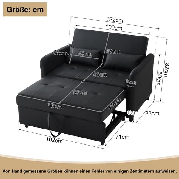 Multifunktionell soffa 122x83x82 cm - med sovfunktion - utdragbar dubbel bäddsoffa - 3-vägs justerbart ryggstöd - vattentätt PU-material - svart