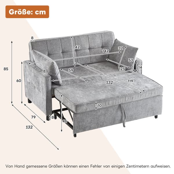 Sofa 142x79x85 cm - Justerbart ryglæn - Chenille - Med 2 hynder - Grå
