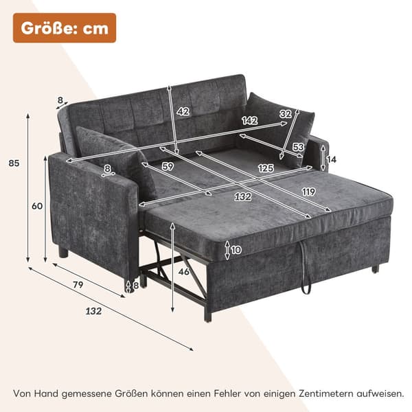 Sofa 142x79x85 cm - Justerbart ryglæn - Chenille - Med 2 hynder - Sort