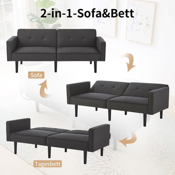2-i-1-soffa (176x76x74 cm) - Chaiselong - Dubbelt justerbart ryggstöd - Sovfunktion - Bomullslinnetyg - Skum med hög densitet - Svart