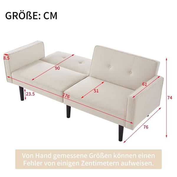 2-i-1-soffa (176x76x74 cm) - Chaiselong - Dubbelt justerbart ryggstöd - Sovfunktion - Bomullslinnetyg - Skum med hög densitet - Beige