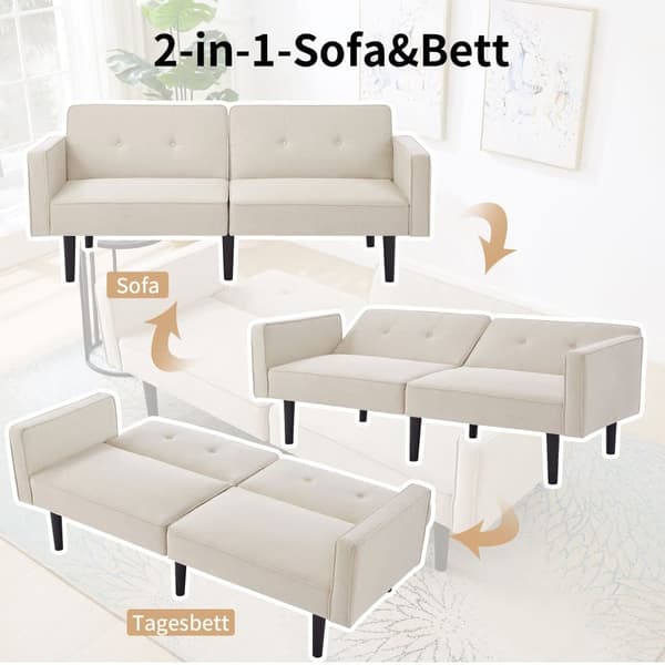 2-i-1-soffa (176x76x74 cm) - Chaiselong - Dubbelt justerbart ryggstöd - Sovfunktion - Bomullslinnetyg - Skum med hög densitet - Beige