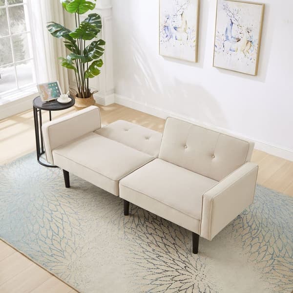 2-i-1-soffa (176x76x74 cm) - Chaiselong - Dubbelt justerbart ryggstöd - Sovfunktion - Bomullslinnetyg - Skum med hög densitet - Beige