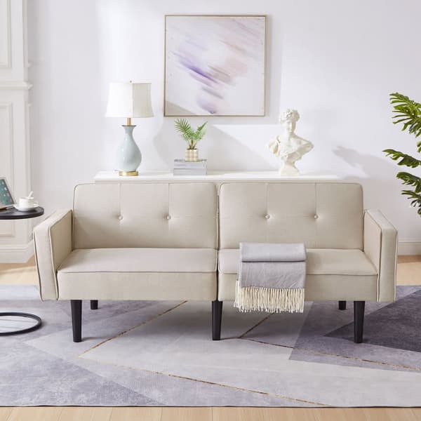 2-i-1-soffa (176x76x74 cm) - Chaiselong - Dubbelt justerbart ryggstöd - Sovfunktion - Bomullslinnetyg - Skum med hög densitet - Beige