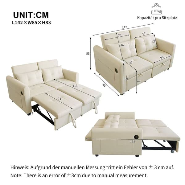 3-i-1-soffa - 2-sits soffa - Justerbart ryggstöd - Med USB-anslutning - Armstöd med fickor + kuddar - beige