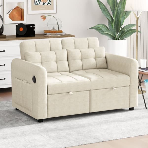 3-i-1-soffa - 2-sits soffa - Justerbart ryggstöd - Med USB-anslutning - Armstöd med fickor + kuddar - beige