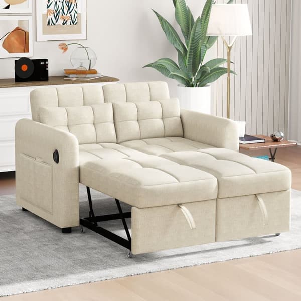 3-i-1-soffa - 2-sits soffa - Justerbart ryggstöd - Med USB-anslutning - Armstöd med fickor + kuddar - beige