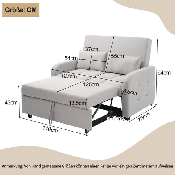 Foldesofa 127x75x94 cm - Justerbart ryglæn - Med 2 hynder - Lysegrå