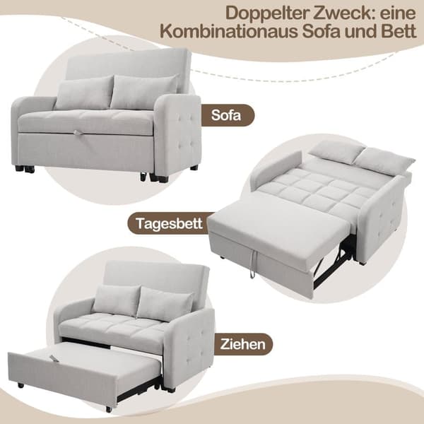 Foldesofa 127x75x94 cm - Justerbart ryglæn - Med 2 hynder - Lysegrå