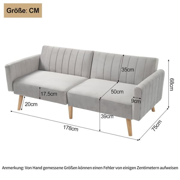 2-i-1 Sofa 178x75x68 cm - Sammenklappeligt ryglæn - Fløjl - Lysegrå