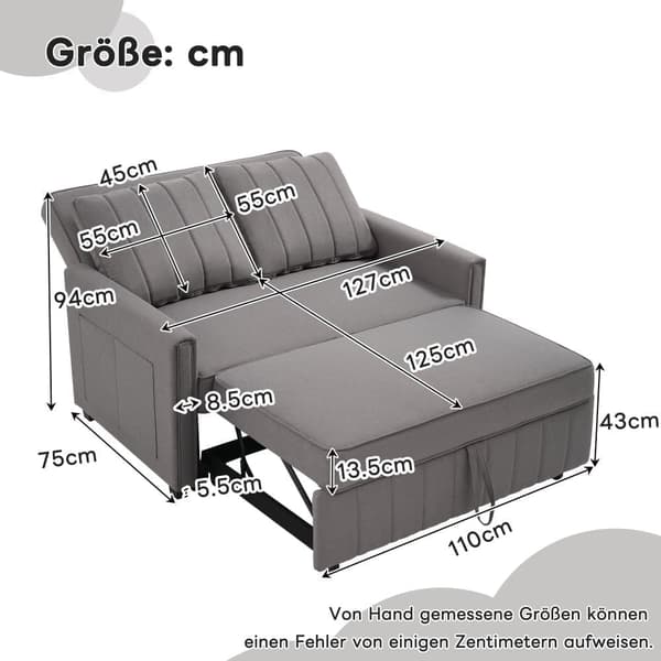 Multifunktionelt sammenklappeligt sofasæt - med sovefunktion - inkl. 2 hynder - justerbart ryglæn - opbevaringsrum - grå