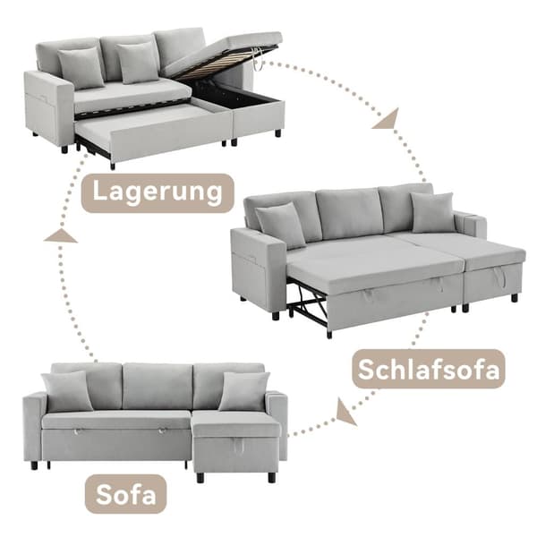 3-personers hjørnesofa, konvertibel, lavet af hørstof, med kopholder i lommen, lysegrå