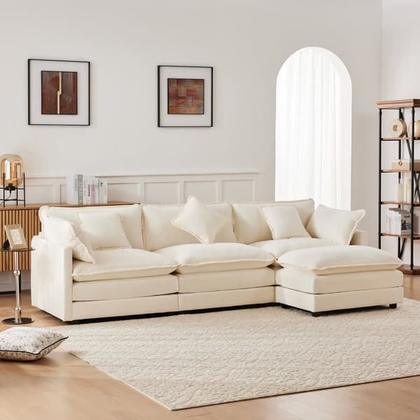 3-sits hörnsoffa i chenille - med modulärt fotstöd - Beige