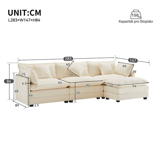 3-sits hörnsoffa i chenille - med modulärt fotstöd - Beige