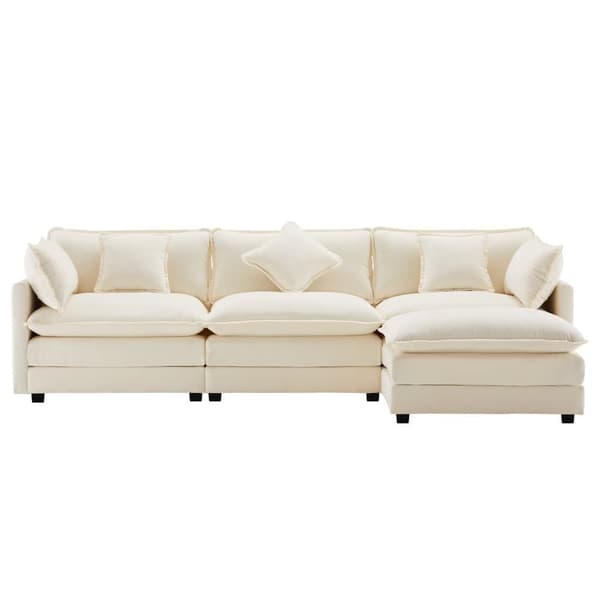 3-sits hörnsoffa i chenille - med modulärt fotstöd - Beige